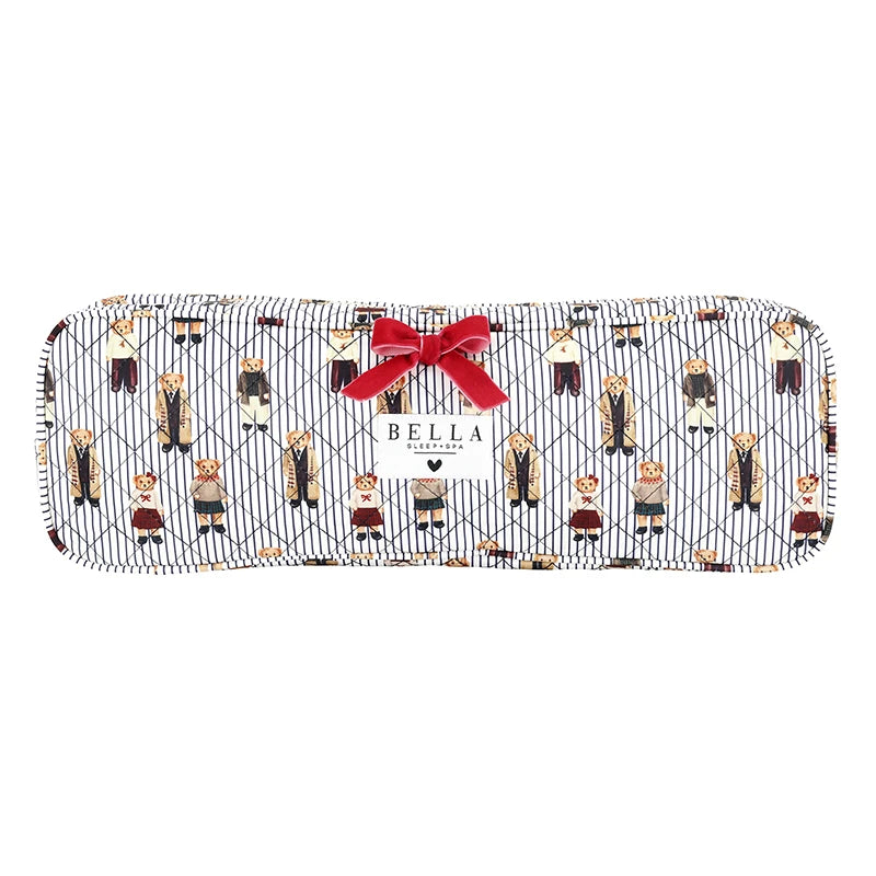 A Bella Collection fabric pouch featuring a navy and white pinstripe background with a repeating pattern of cartoon teddy bears in outfits, finished with a red satin bow and a white brand label.