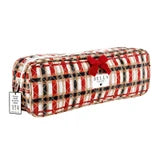 A quilted rectangular pencil case with a red, beige, and black plaid pattern, featuring a red bow on top and a white Bella+Canvas brand label.