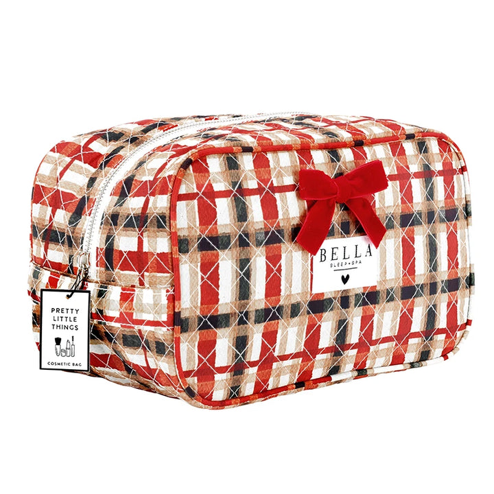A red, beige, and black plaid cosmetic bag with a red bow and a white Bella Planty label, featuring a hanging &