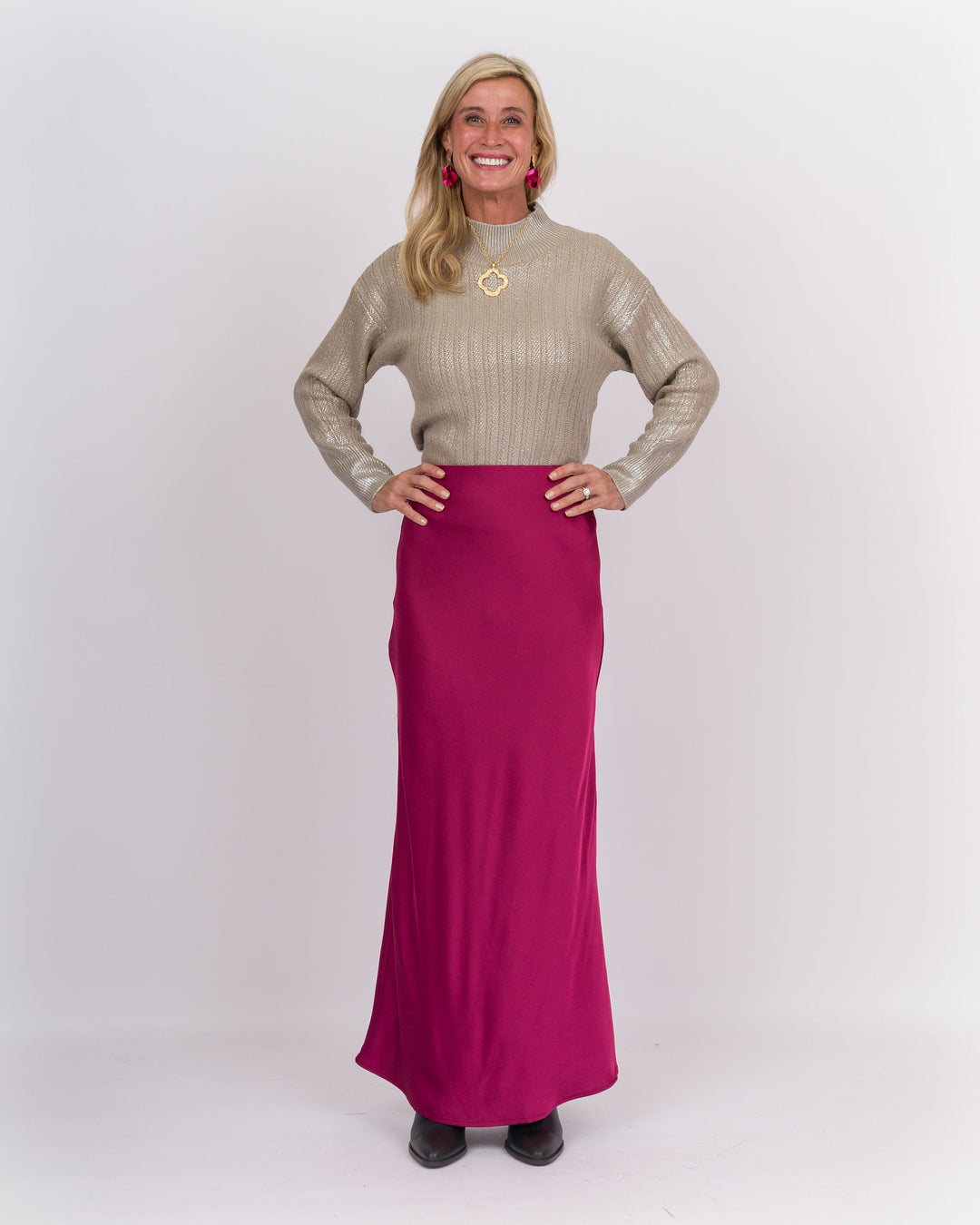 Cranberry Punch Satin Midi Skirt
