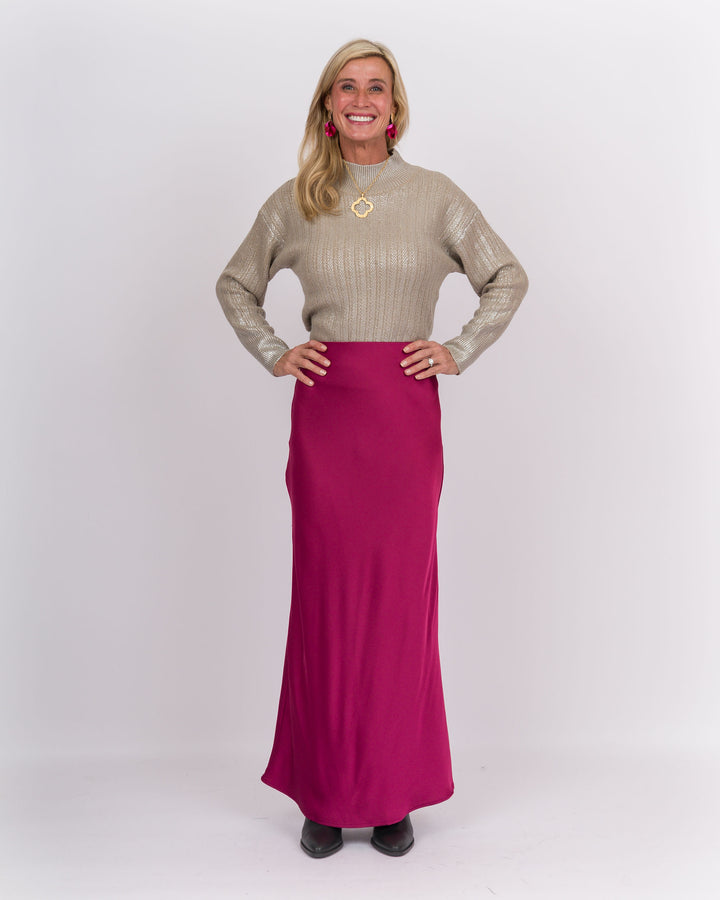 Cranberry Punch Satin Midi Skirt