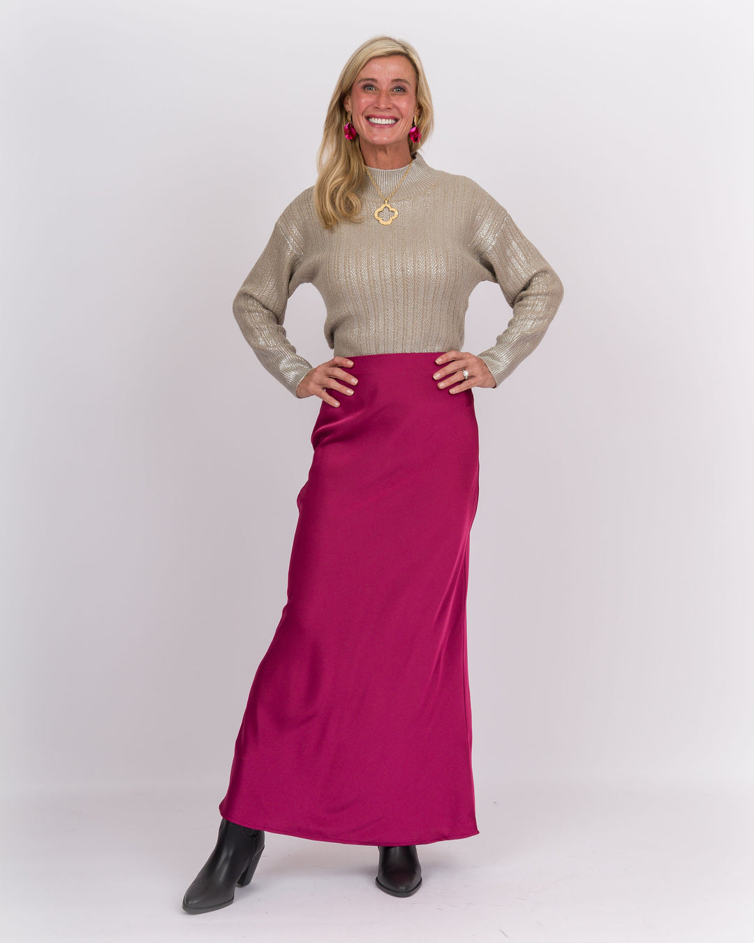Cranberry Punch Satin Midi Skirt