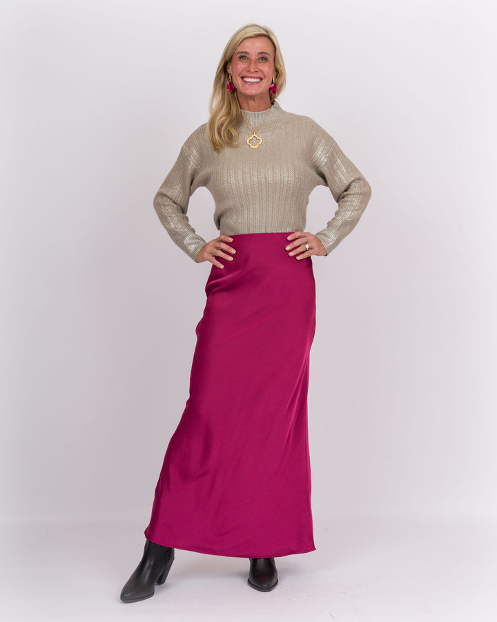 Cranberry Punch Satin Midi Skirt