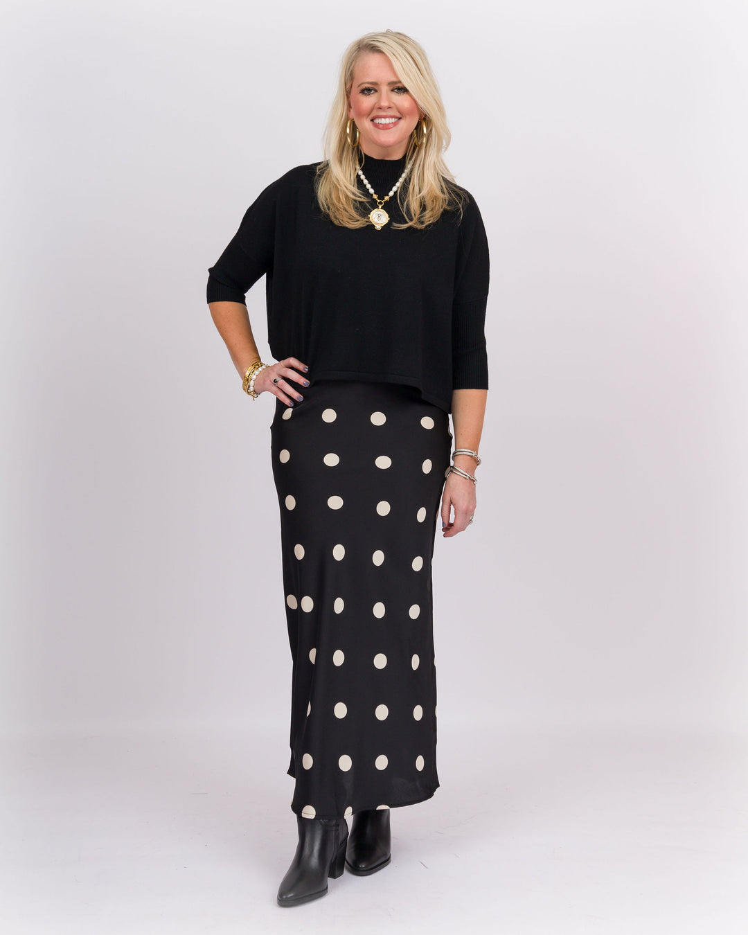 On the Dot Satin Midi Skirt