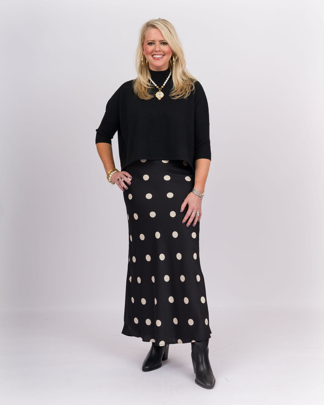 On the Dot Satin Midi Skirt
