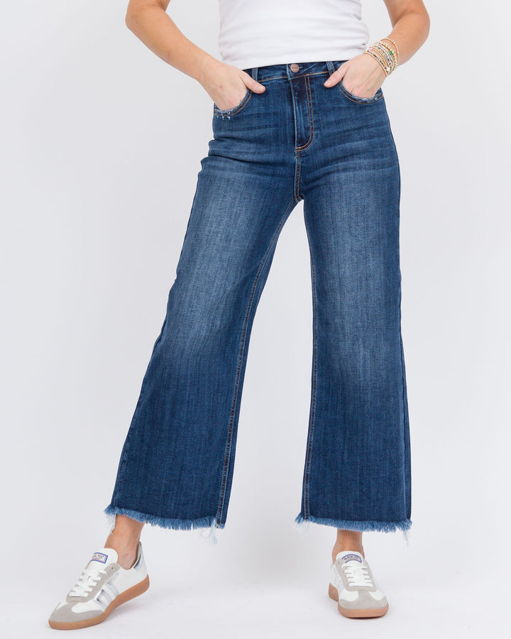 Risen Hi Rise Crop Wide Leg Fray Hem Jeans Dark Wash