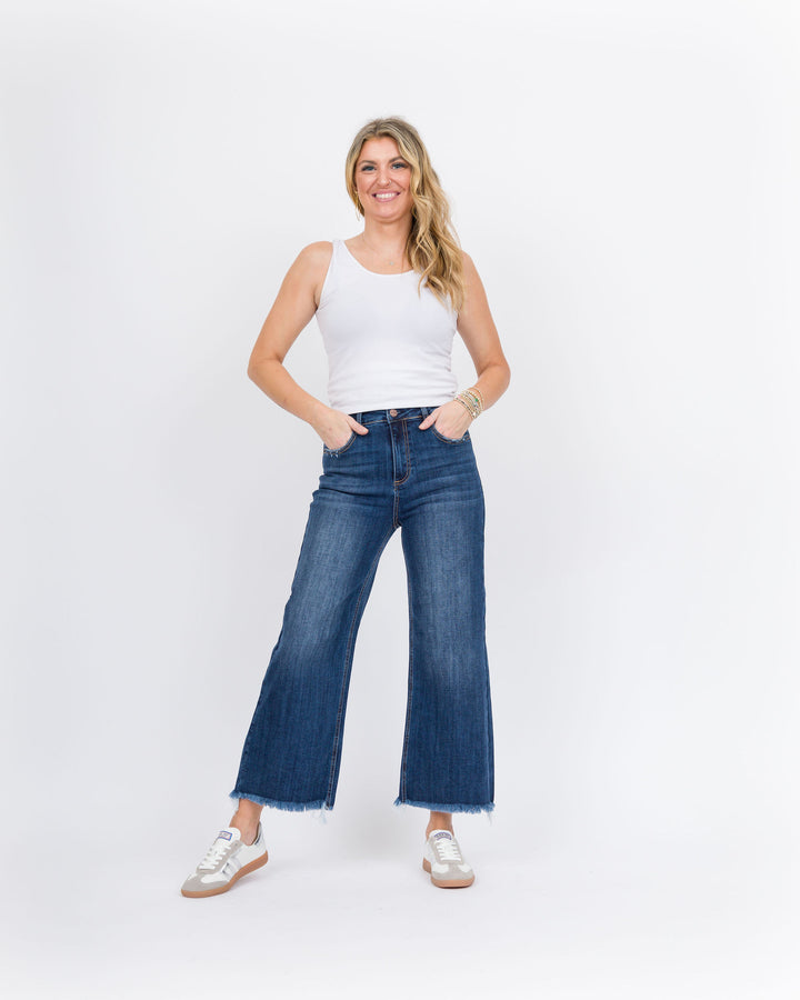 Risen Hi Rise Crop Wide Leg Fray Hem Jeans Dark Wash