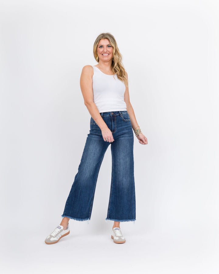 Risen Hi Rise Crop Wide Leg Fray Hem Jeans Dark Wash