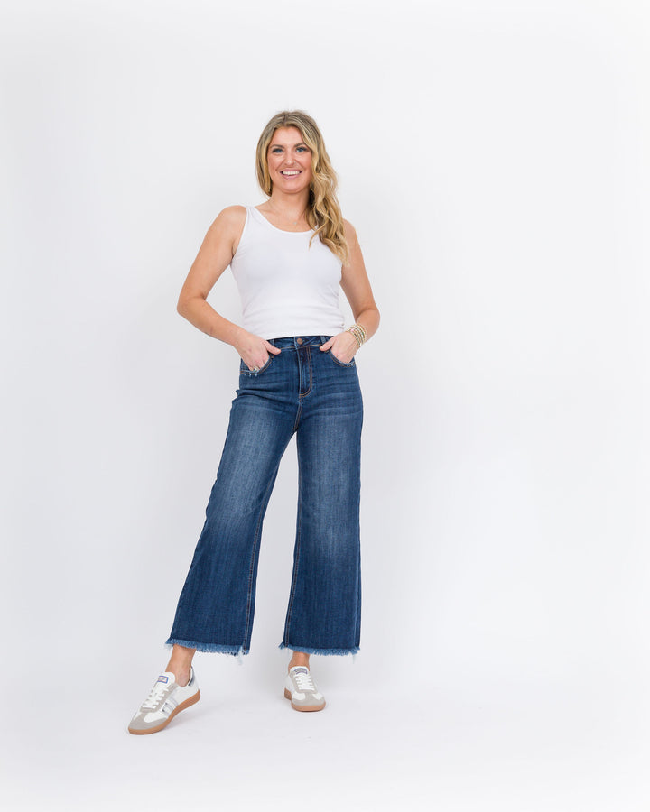 Risen Hi Rise Crop Wide Leg Fray Hem Jeans Dark Wash