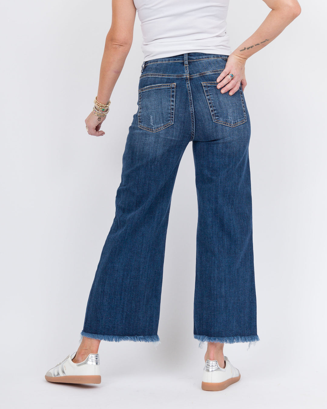 Risen Hi Rise Crop Wide Leg Fray Hem Jeans Dark Wash