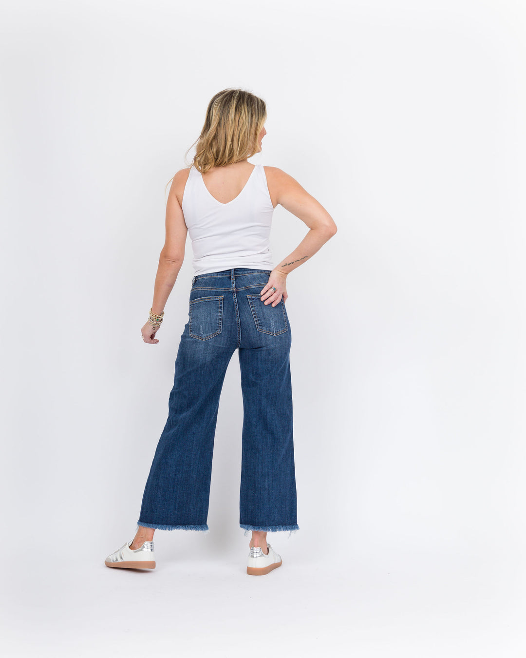 Risen Hi Rise Crop Wide Leg Fray Hem Jeans Dark Wash