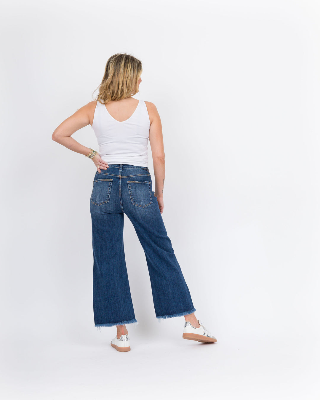 Risen Hi Rise Crop Wide Leg Fray Hem Jeans Dark Wash