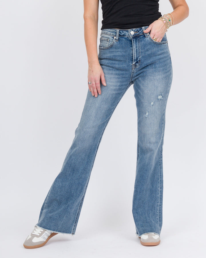 Risen High Rise Vintage Frayed Flare Jeans