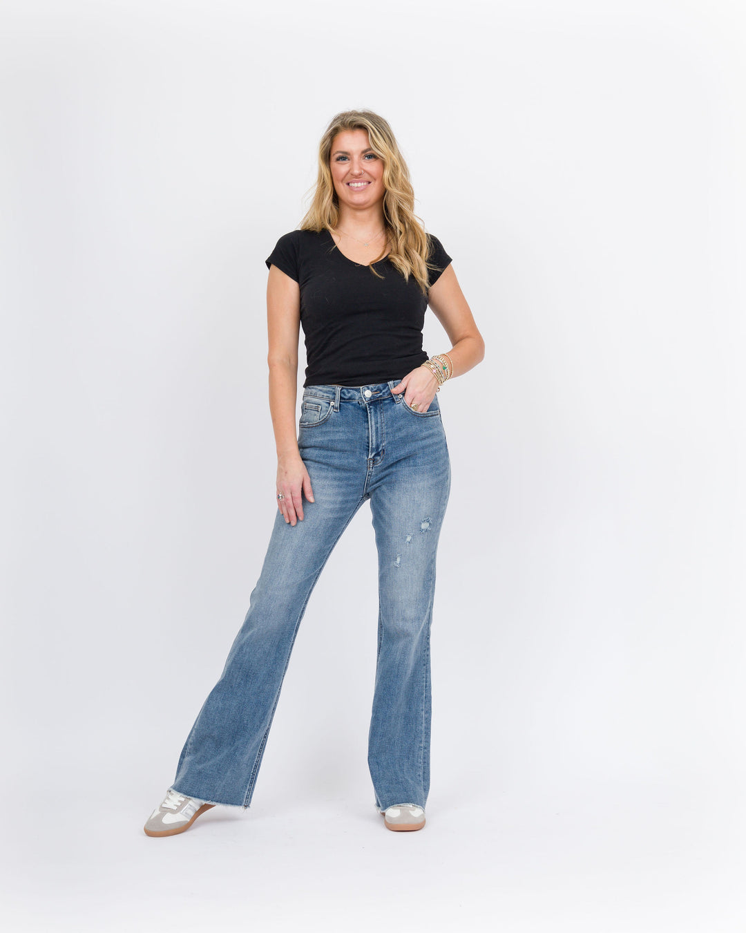 Risen High Rise Vintage Frayed Flare Jeans