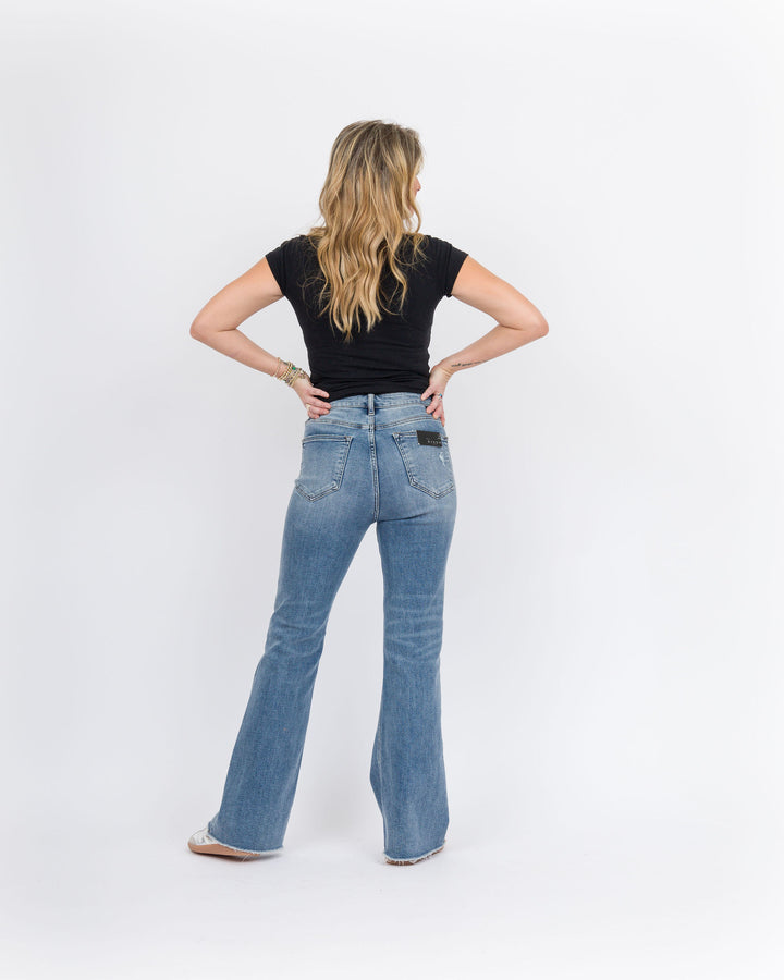 Risen High Rise Vintage Frayed Flare Jeans