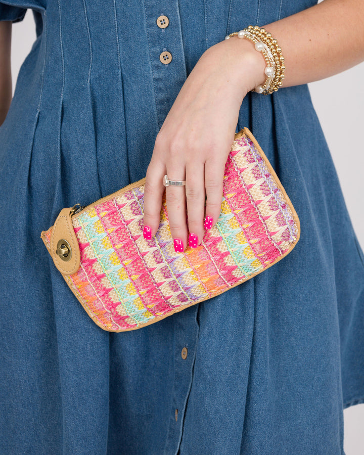 Joy Susan Bright Multi Woven Stripe Straw Mini Wristlet Crossbody