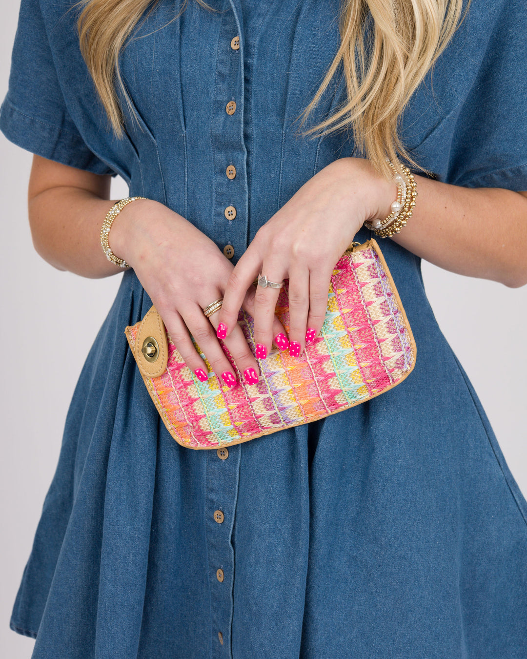Joy Susan Bright Multi Woven Stripe Straw Mini Wristlet Crossbody