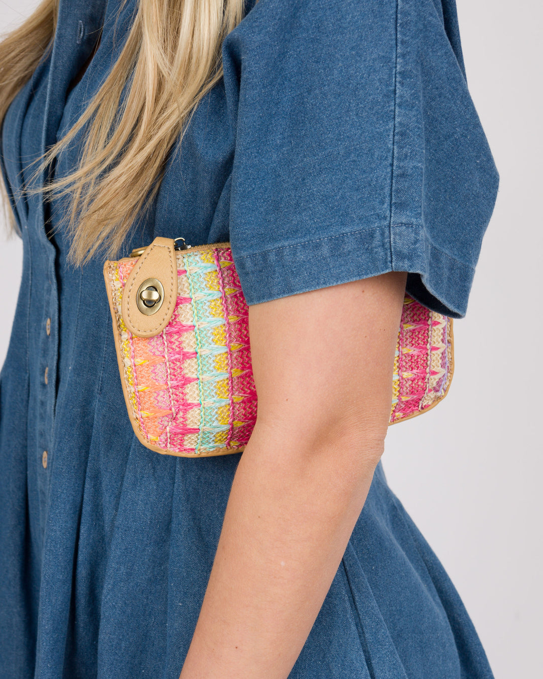 Joy Susan Bright Multi Woven Stripe Straw Mini Wristlet Crossbody
