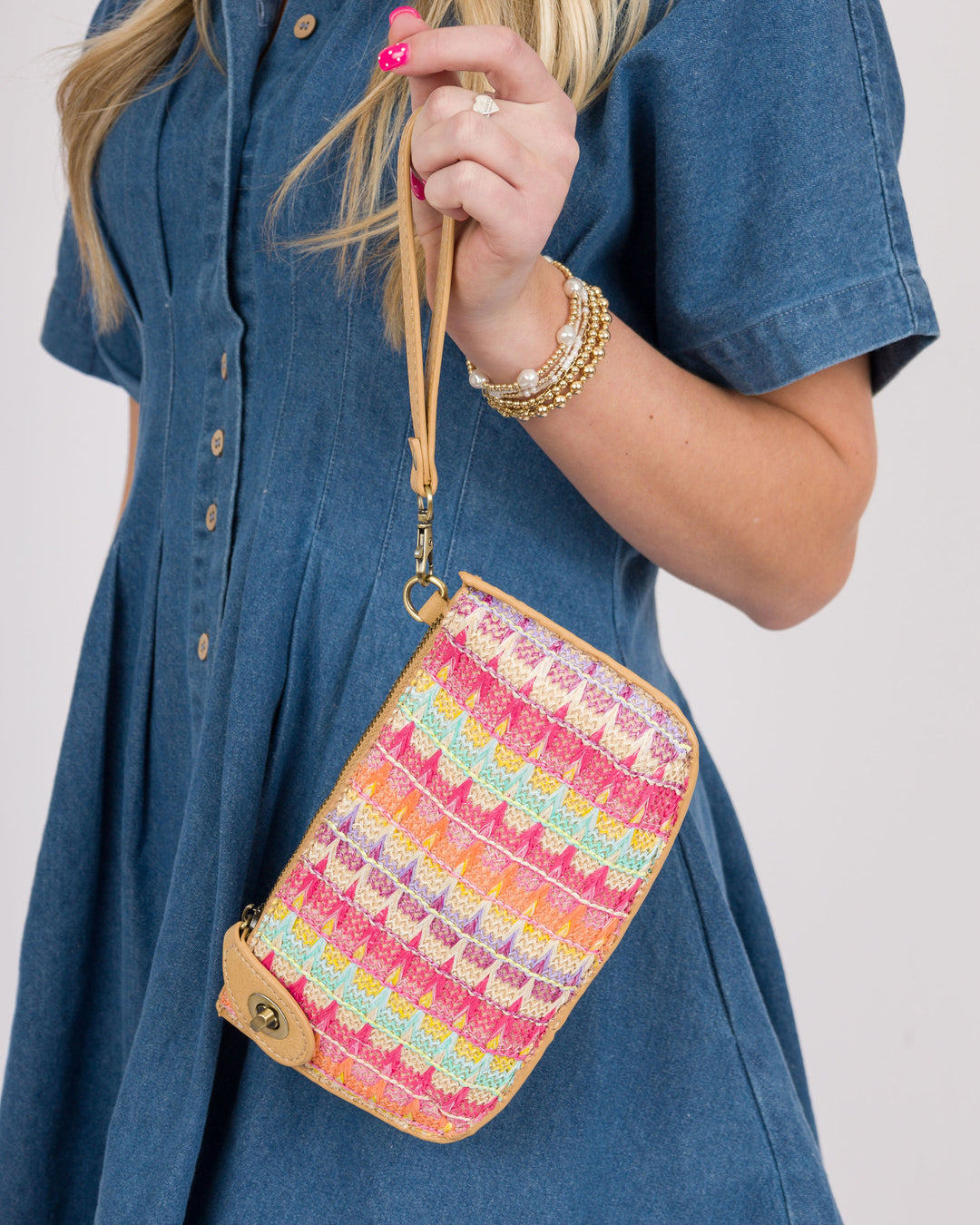 Joy Susan Bright Multi Woven Stripe Straw Mini Wristlet Crossbody