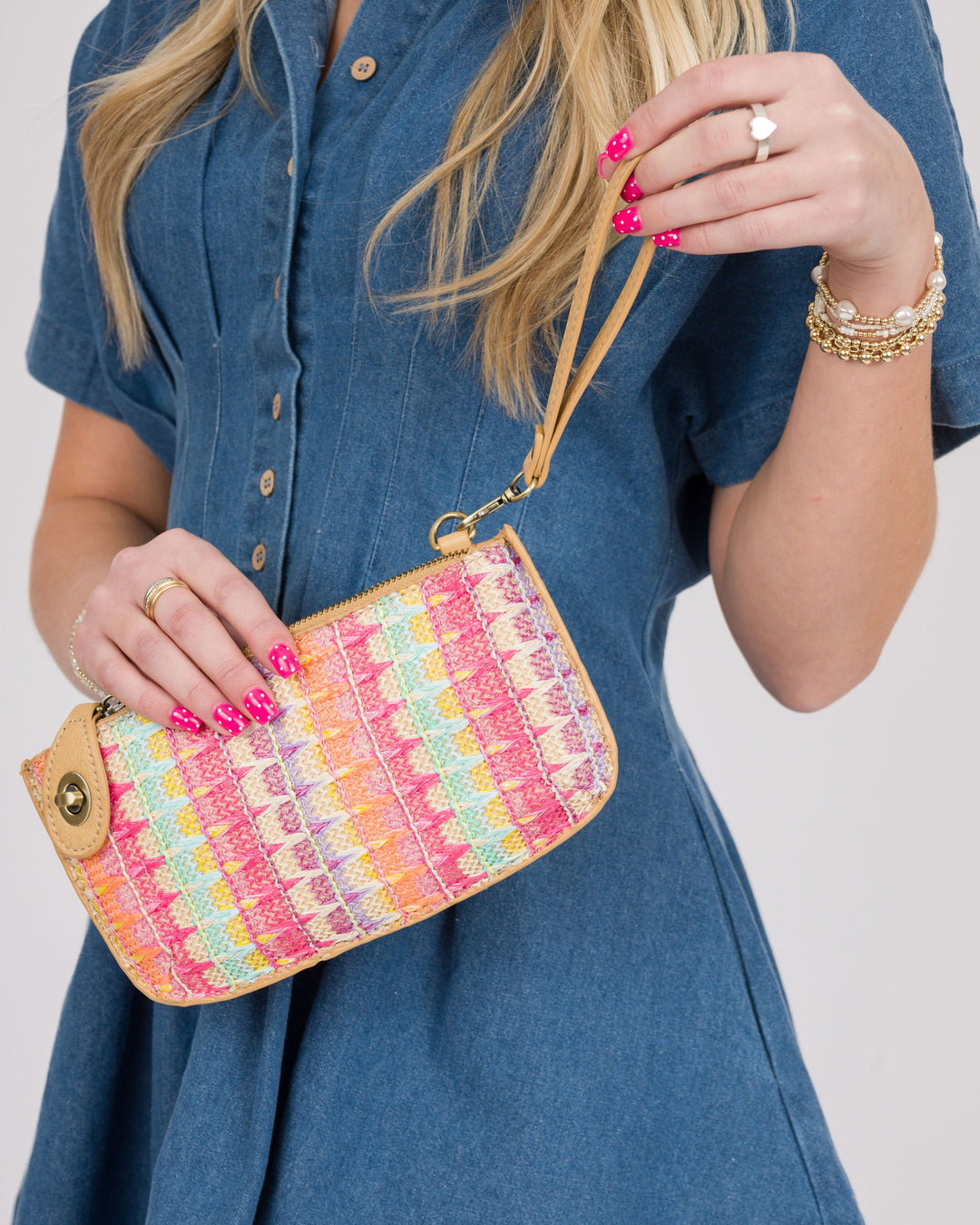 Joy Susan Bright Multi Woven Stripe Straw Mini Wristlet Crossbody
