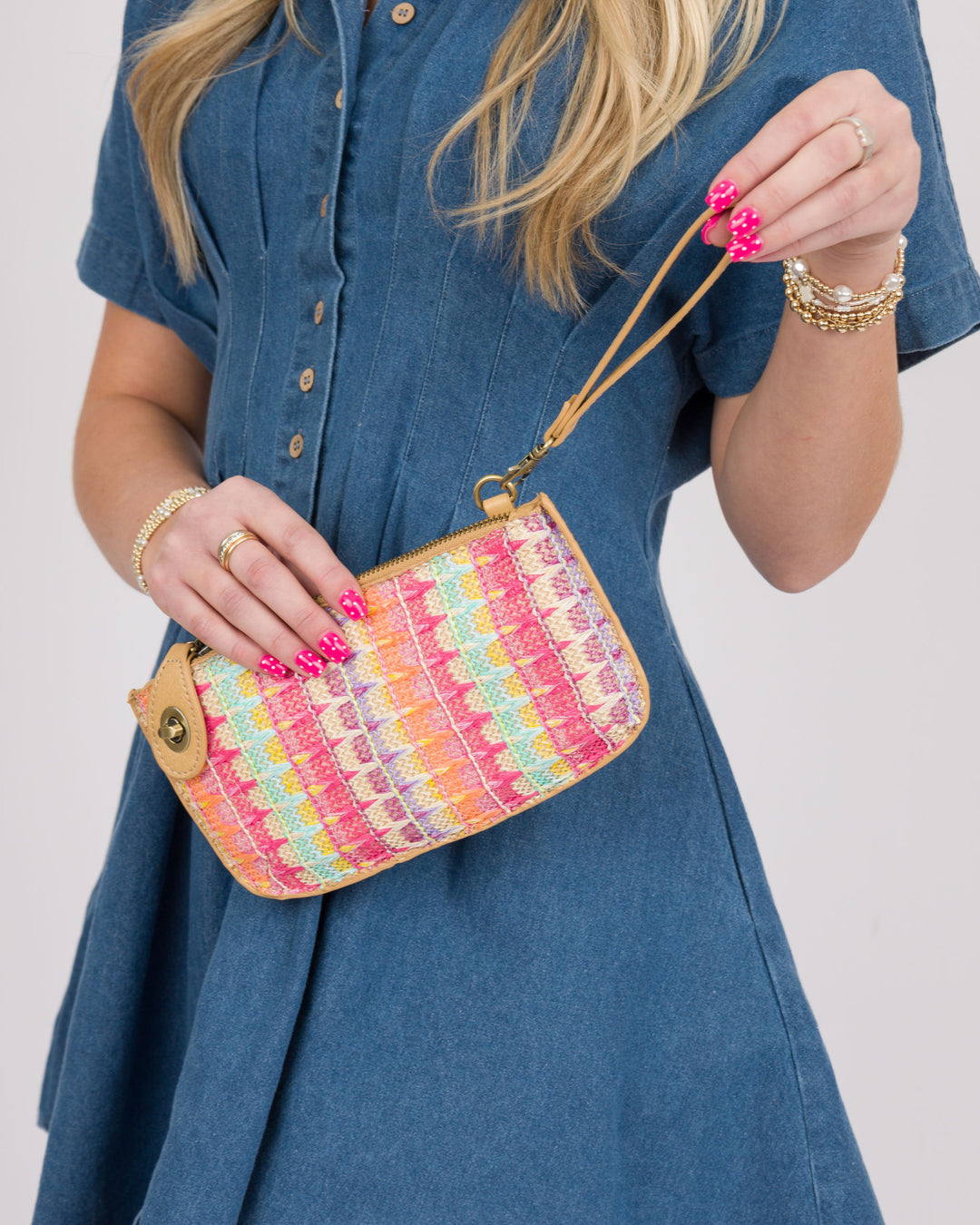 Joy Susan Bright Multi Woven Stripe Straw Mini Wristlet Crossbody