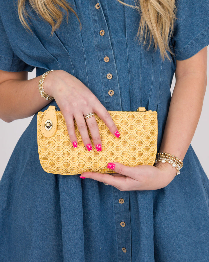 Joy Susan Yellow Lattice Woven Mini Crossbody Wristlet Clutch