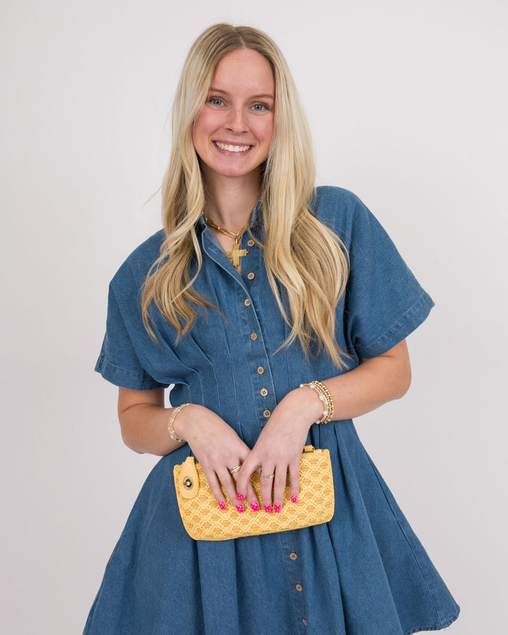 Joy Susan Yellow Lattice Woven Mini Crossbody Wristlet Clutch