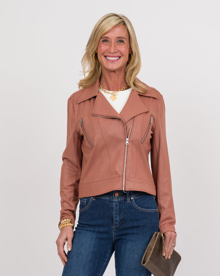 Clara Sunwoo Liquid Leather Zip Cuff Moto Waist Jacket - Tan-Final Sale