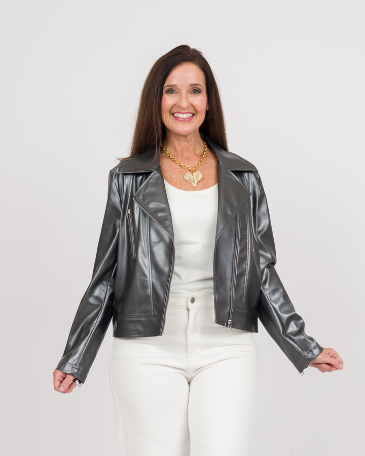 Clara Sunwoo Vegan Sheen - Zip Cuff Moto Waist Jacket - Gunmetal-Final Sale