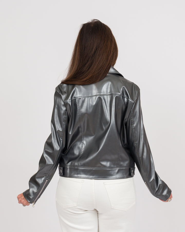 Clara Sunwoo Vegan Sheen - Zip Cuff Moto Waist Jacket - Gunmetal-Final Sale