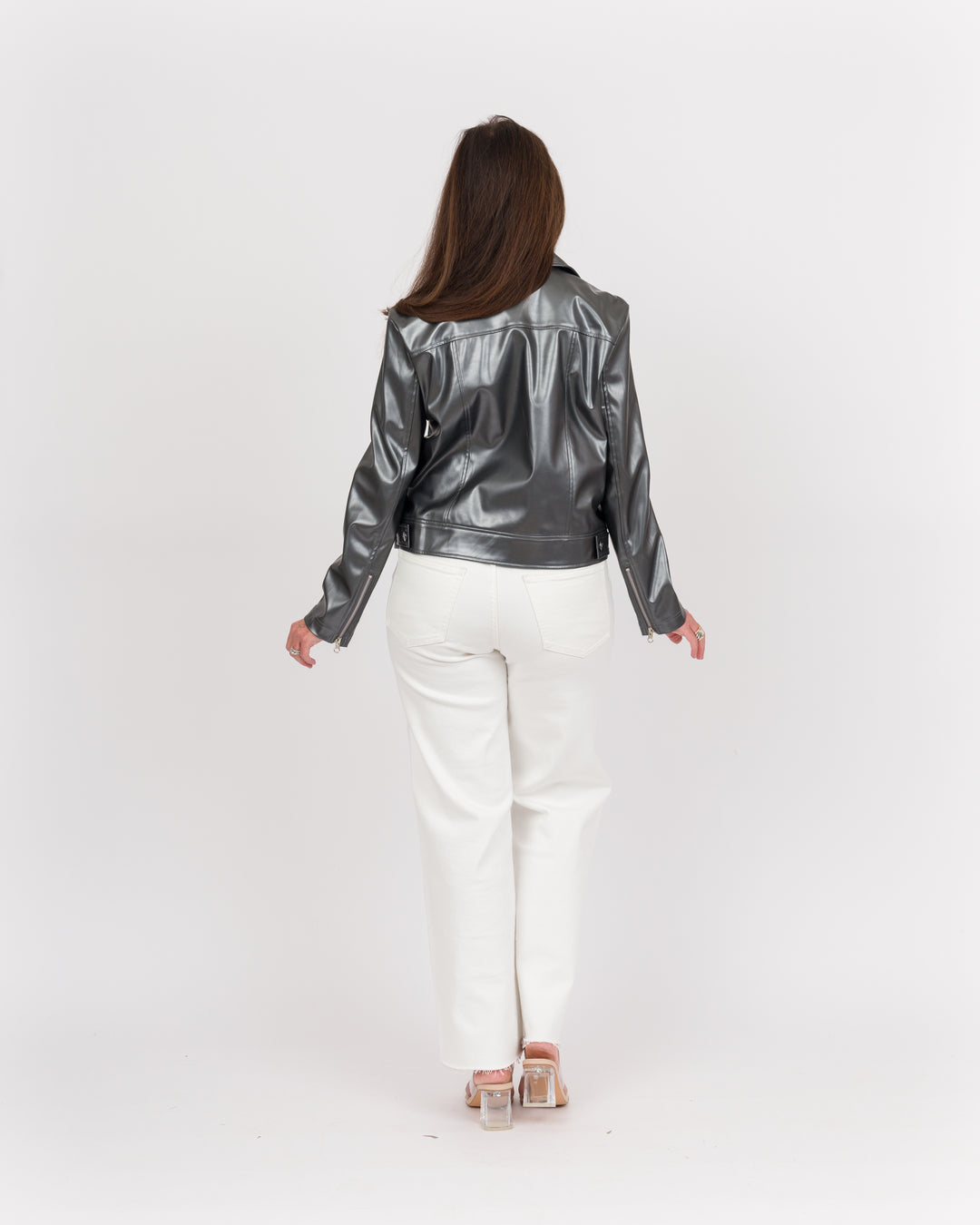 Clara Sunwoo Vegan Sheen - Zip Cuff Moto Waist Jacket - Gunmetal-Final Sale