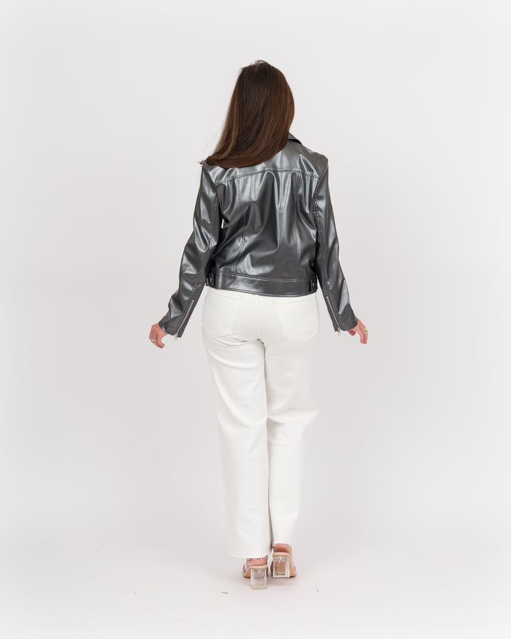 Clara Sunwoo Vegan Sheen - Zip Cuff Moto Waist Jacket - Gunmetal-Final Sale