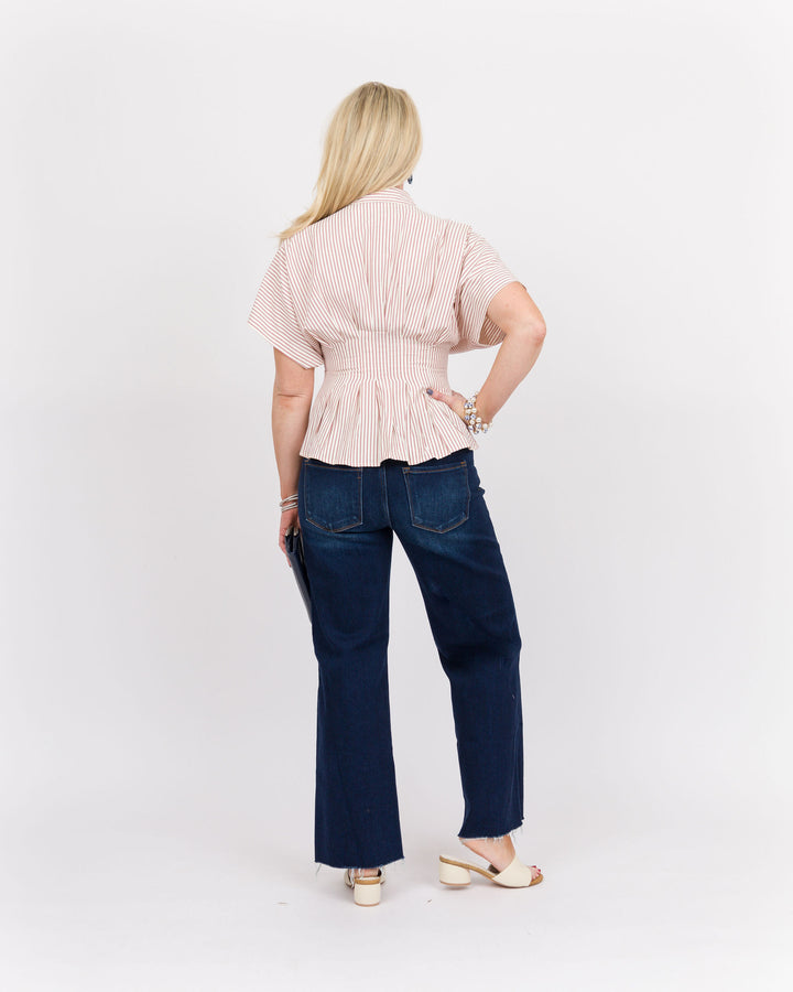 Raspberry Striped Pleated Top