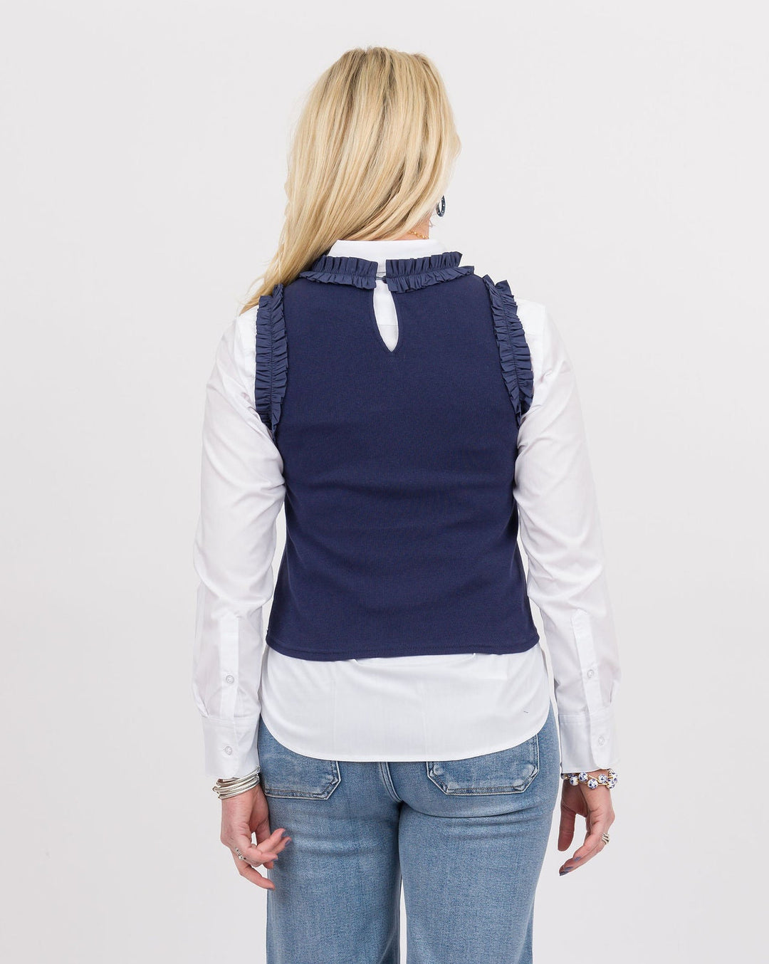 Navy Ruffled Sleeveless Top