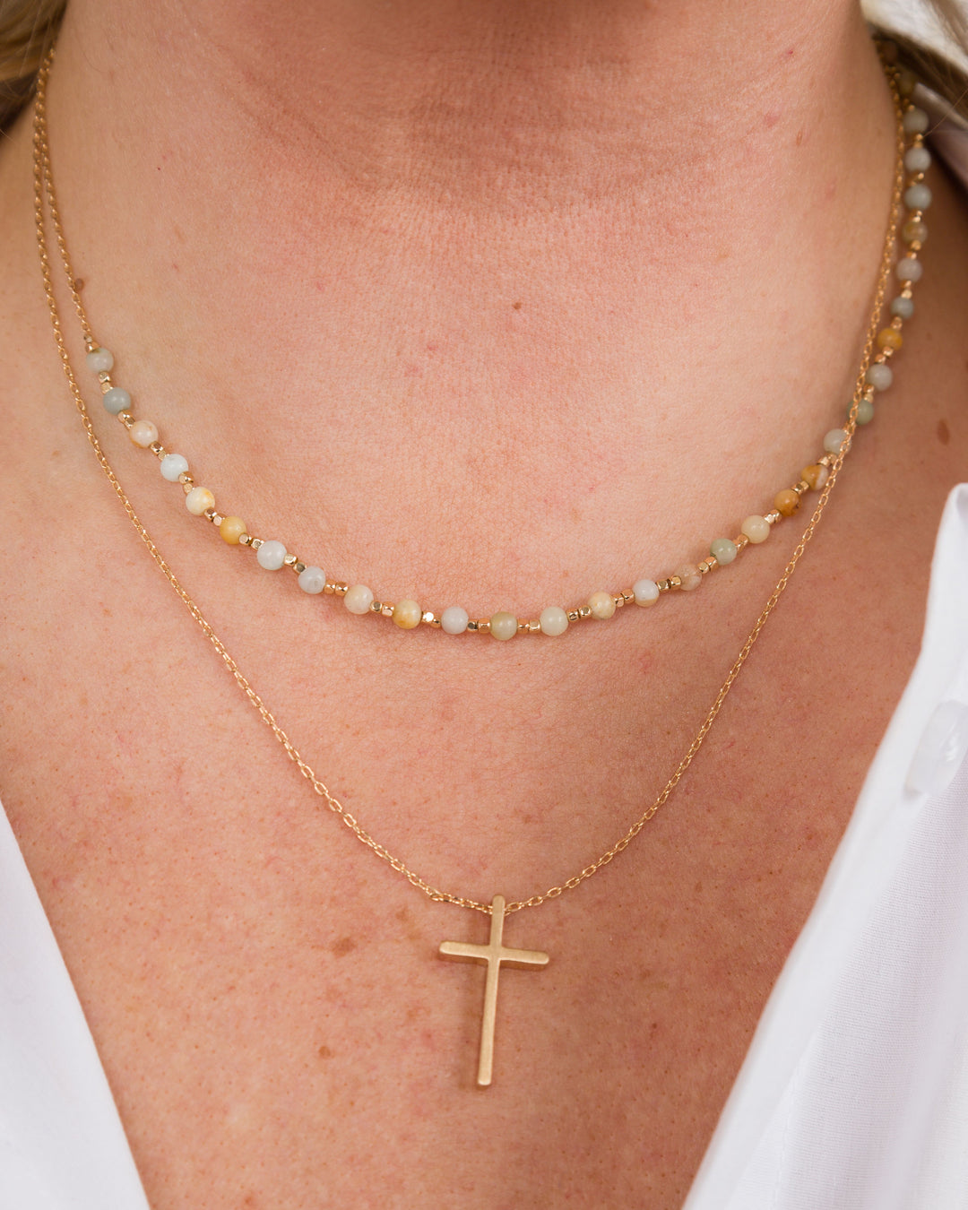 Double Strand Bead and Cross Necklace - Multi