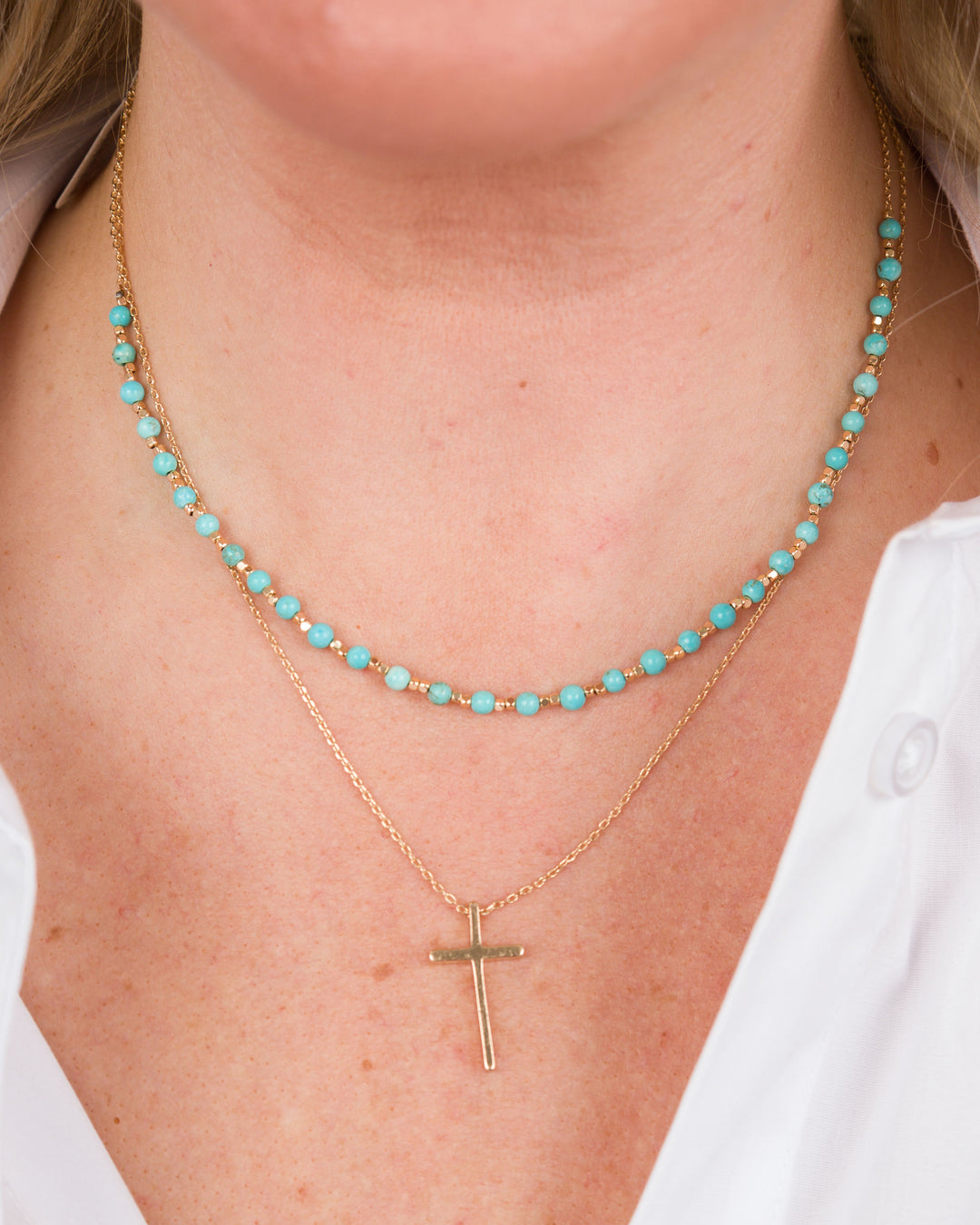 Double Strand Bead and Cross Necklace - Turquoise