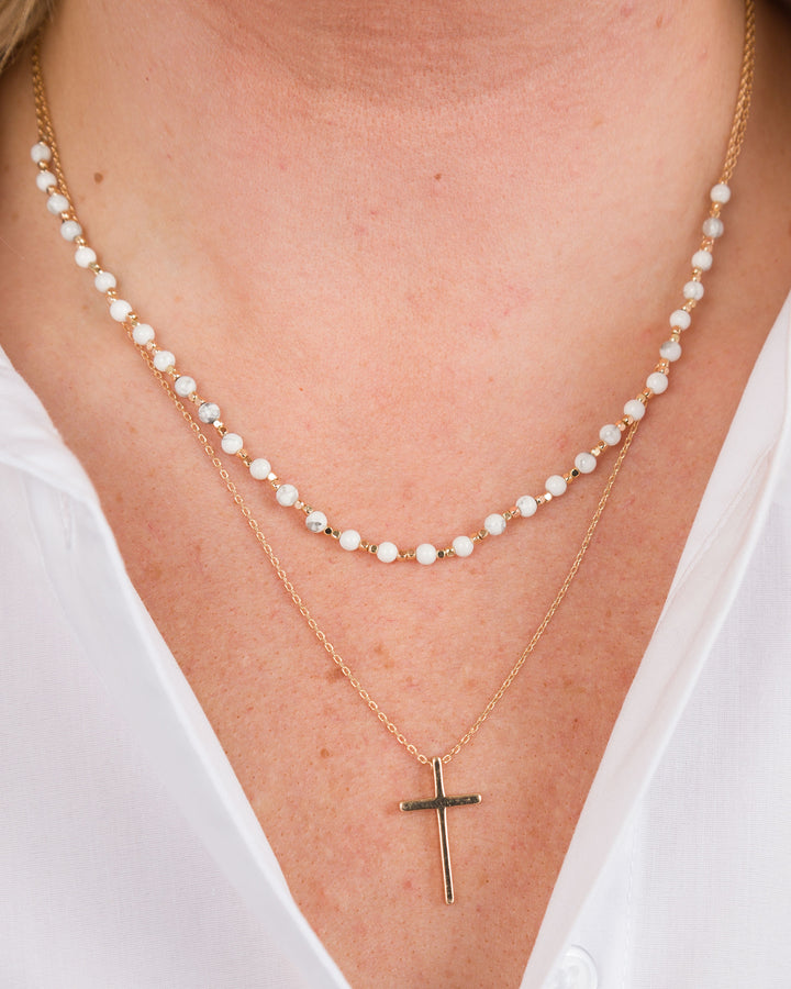 Double Strand Bead and Cross Necklace - White