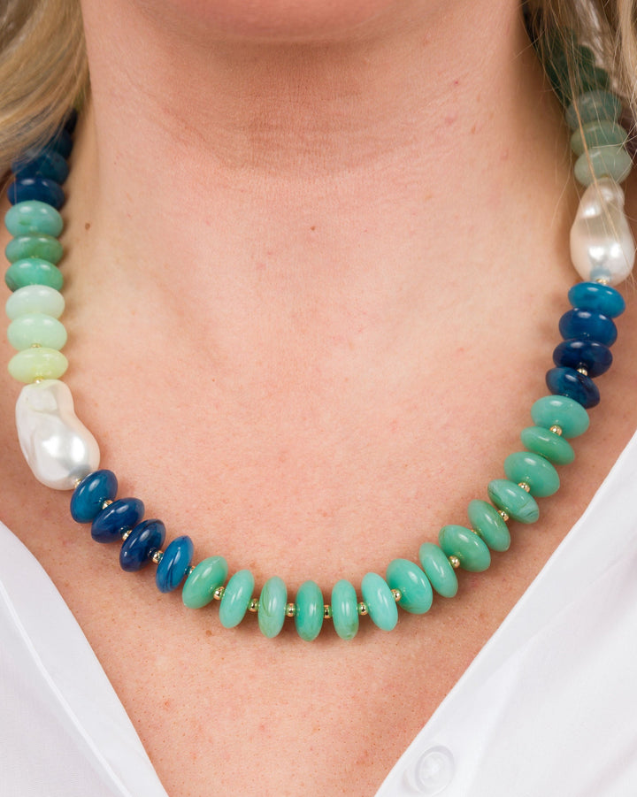 Stone and Flat Bead Necklace - Blue & Green