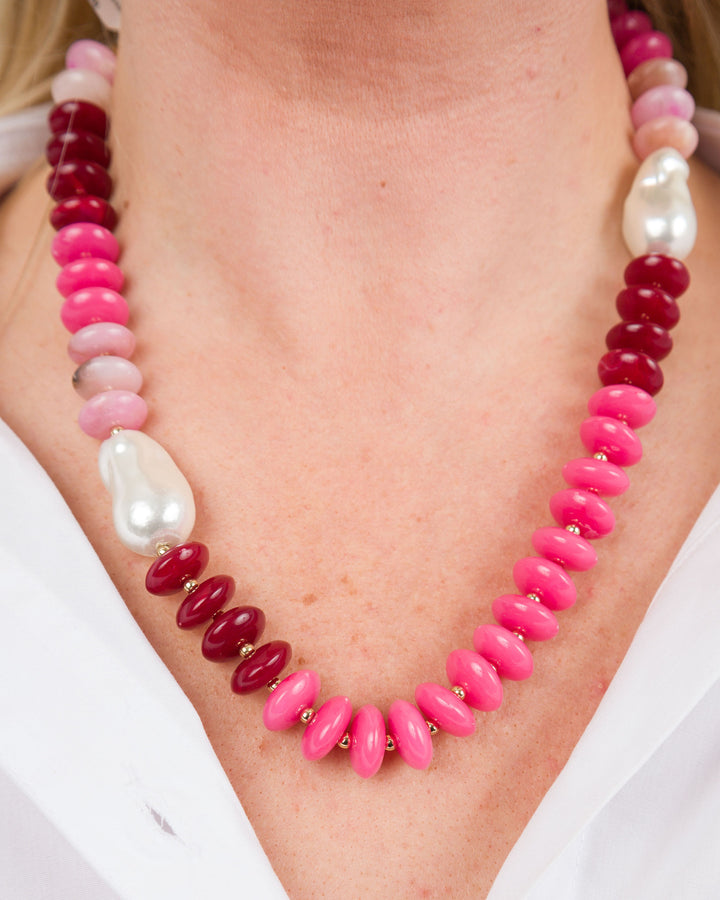 Stone and Flat Bead Necklace - Red & Pink