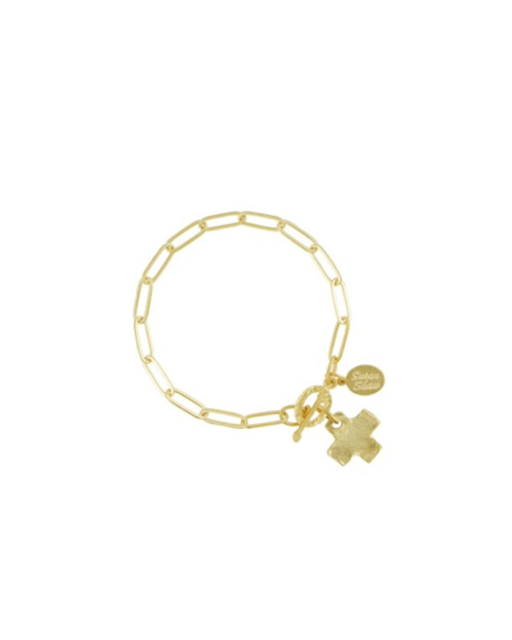 Gold bracelet with a puzzle piece charm on a white background