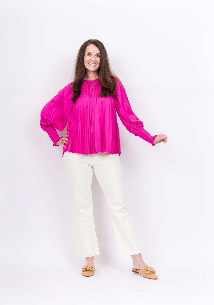 Joy Joy Pleated Bishop Sleeve Top - Cerise