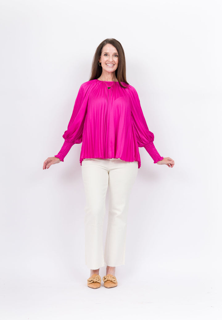 Joy Joy Pleated Bishop Sleeve Top - Cerise