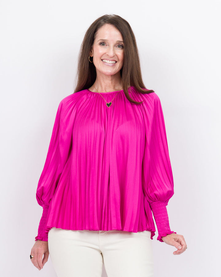 Joy Joy Pleated Bishop Sleeve Top - Cerise