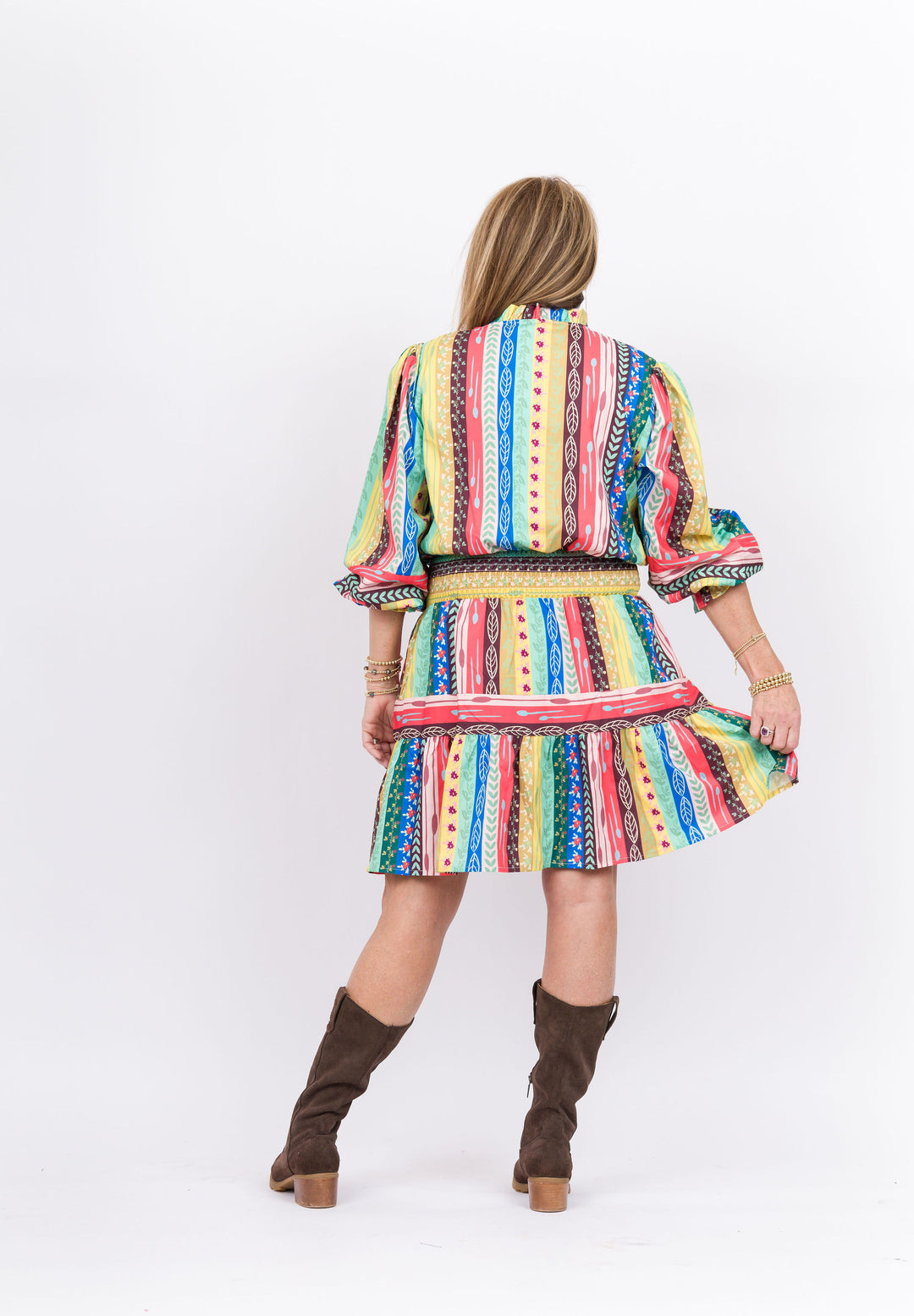 Joy Joy Multi Stripe Smock Waist Dress