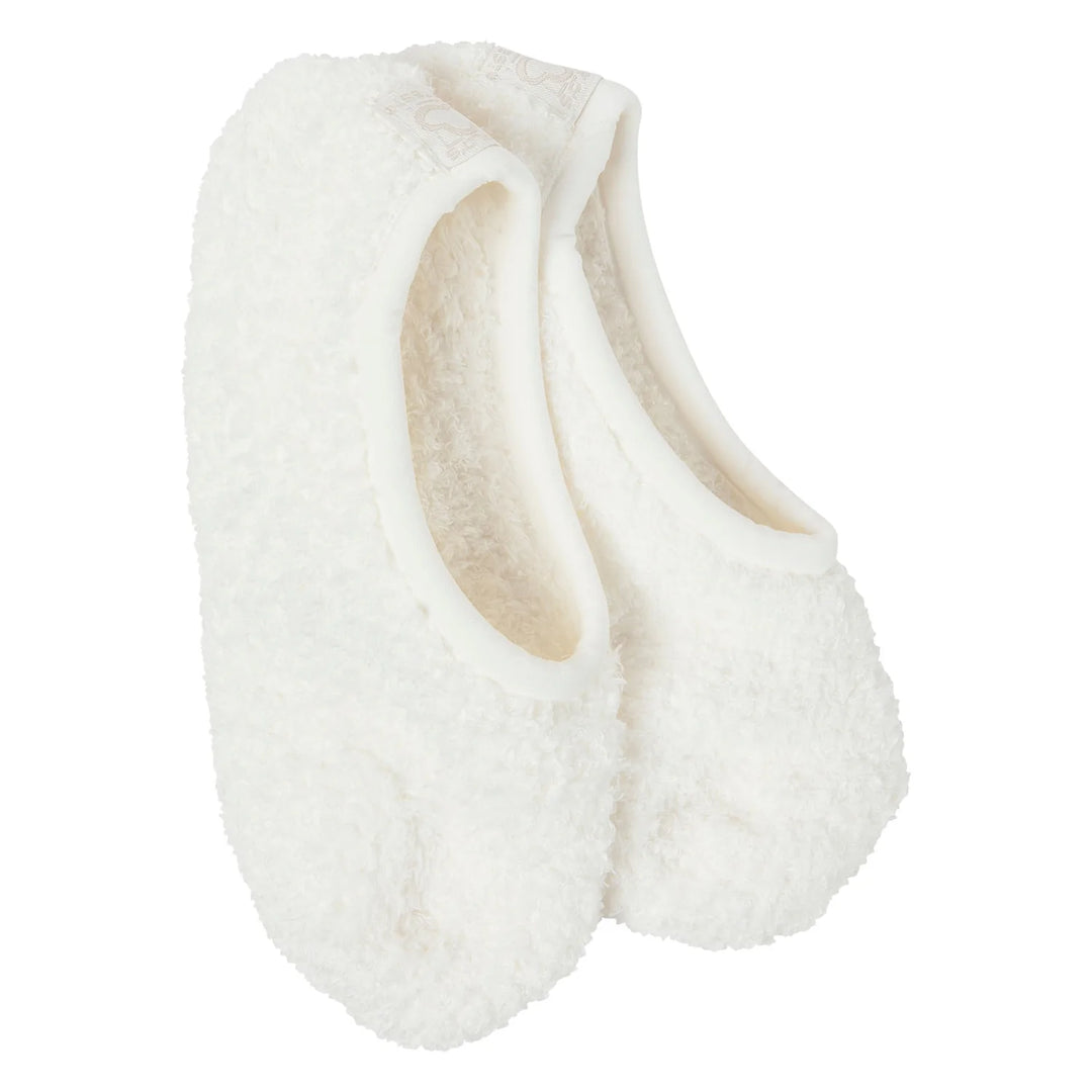 A pair of fluffy white fleece slip-on slippers shown on a clean white background.