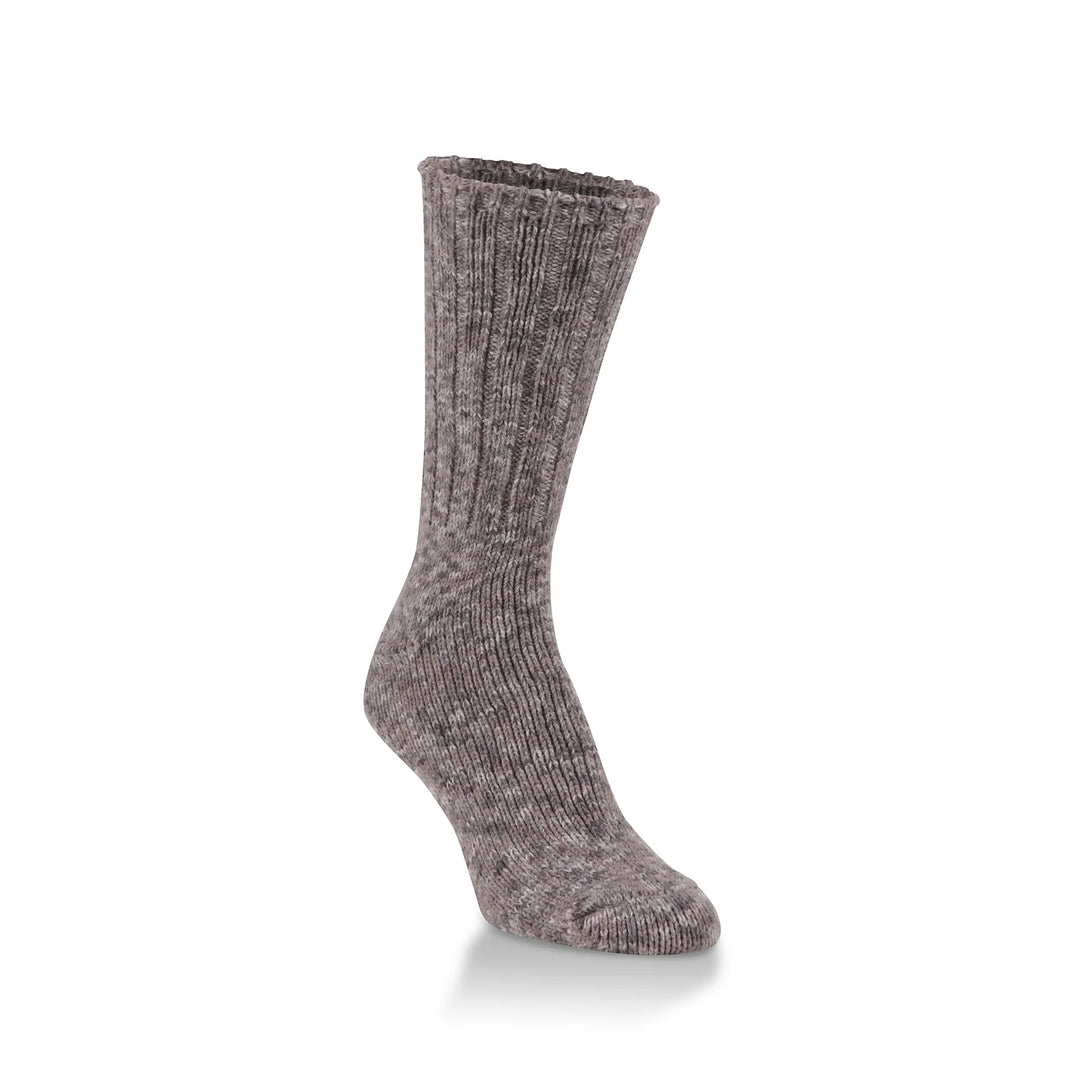 A single ribbed crew sock in a heathered gray-brown color, shown on a white background with a soft shadow underneath.