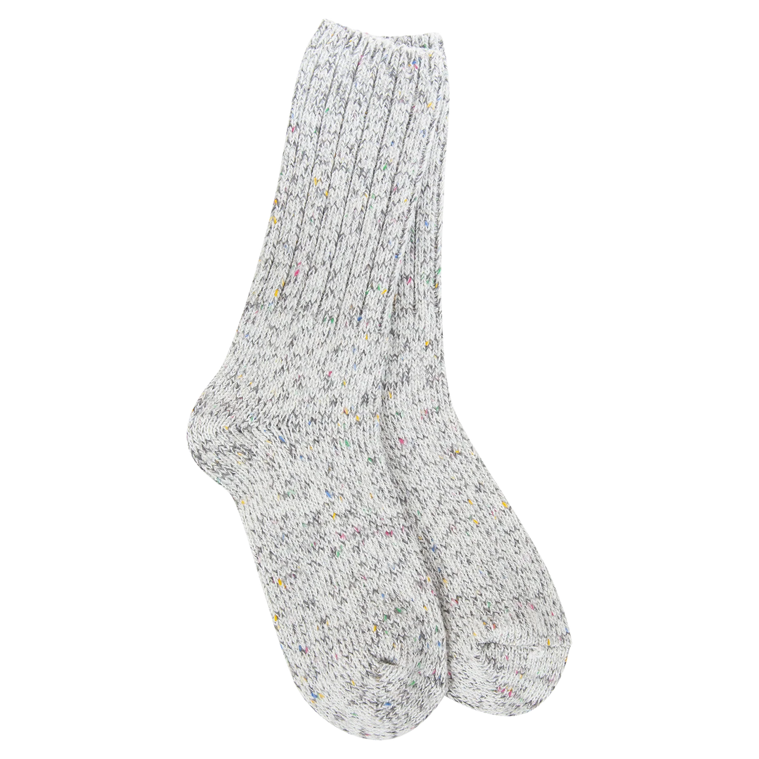 Pair of gray socks with speckles on a white background