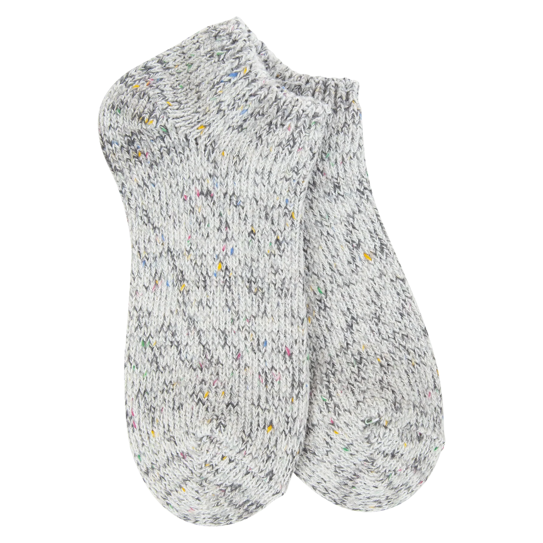 Pair of gray knit socks with multicolor speckles on a white background