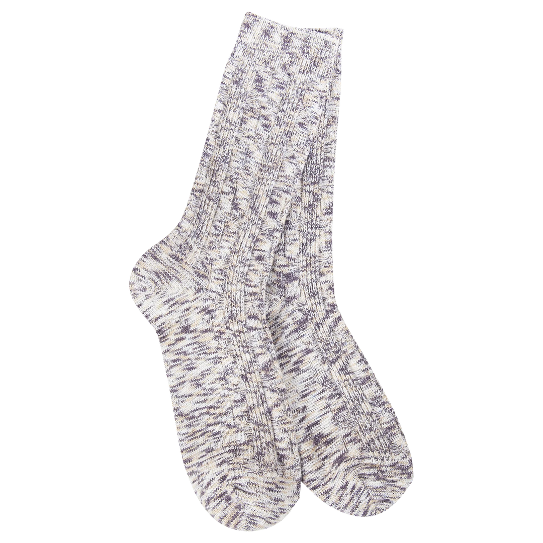 A pair of ribbed crew socks in a marled heather pattern of off-white and dark gray, shown against a plain white background.