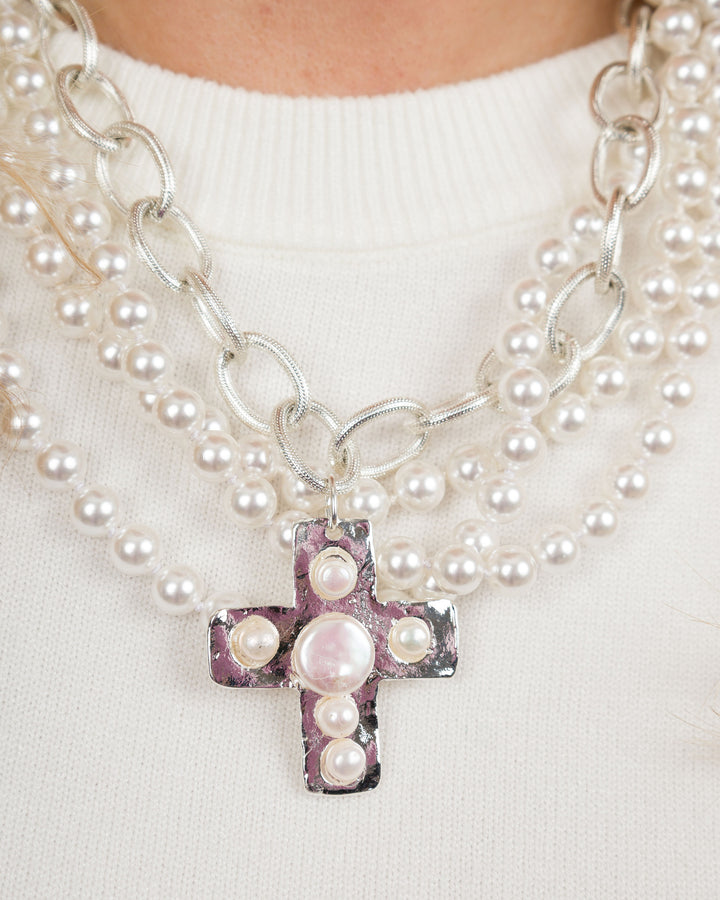 Susan Shaw Pearl Cross Multi-Strand Necklace - Silver